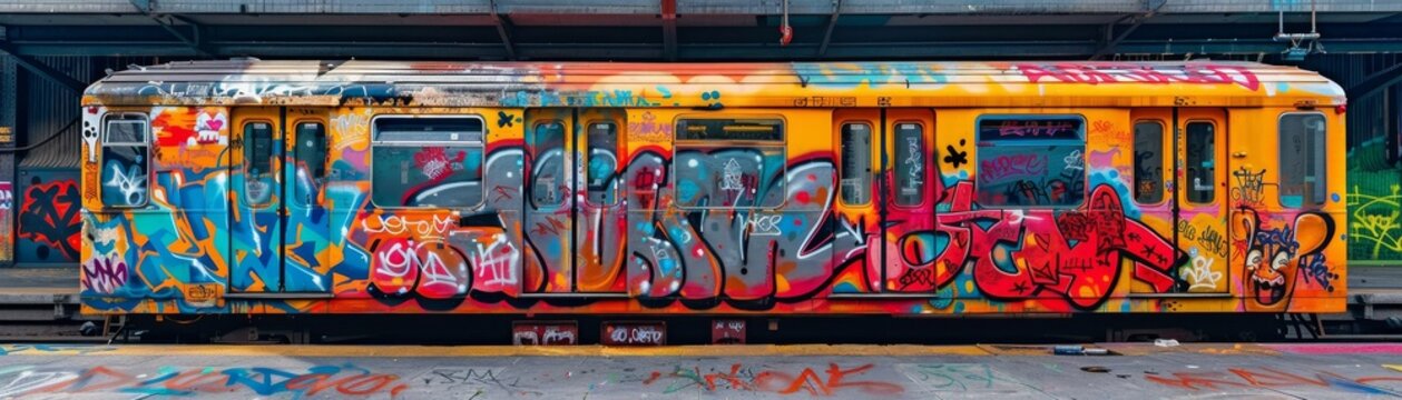 Graffiti Art on Train Focus on a train covered in graffiti with urban elements 