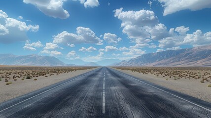 Straight endless road stretches through barren desert under a bright blue sky with scattered clouds, mountains in the distance.