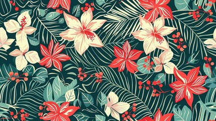Elegant red and white flowers with green leaves seamless pattern