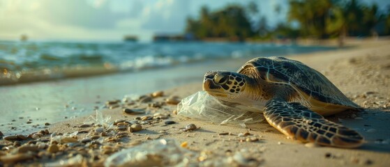 Obraz premium Helpless Turtle Trapped in Plastic Bag on Tropical Beach: Wildlife Pollution Impact