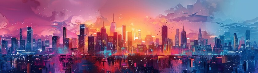 Obraz premium Graffiti city skyline illustration art on a rooftop background with modern style 