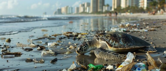 Fototapeta premium Tragic Consequences of Pollution: Turtle Trapped in Plastic Waste on Coastal Beach