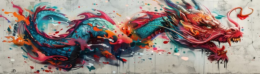 Fototapeta premium Graffiti dragon illustration art on a concrete wall background with psychedelic style 