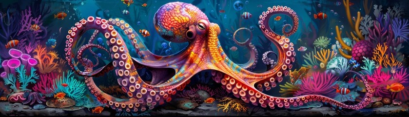 Graffiti octopus illustration art on an aquarium wall background with underwater style 