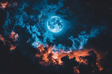 Full moon in night sky with clouds vibrant and mysterious detailed and artistic inviting setting cosmic beauty serene atmosphere celestial vibes