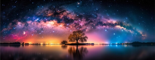 Obraz premium Colorful illuminate the evening sky over the serene waters, blending with the sunset hues, creating a breathtaking coastal spectacle.