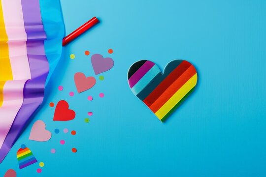 A vibrant and colorful representation of the LGBT pride parade, featuring iconic symbols on a bright blue background.