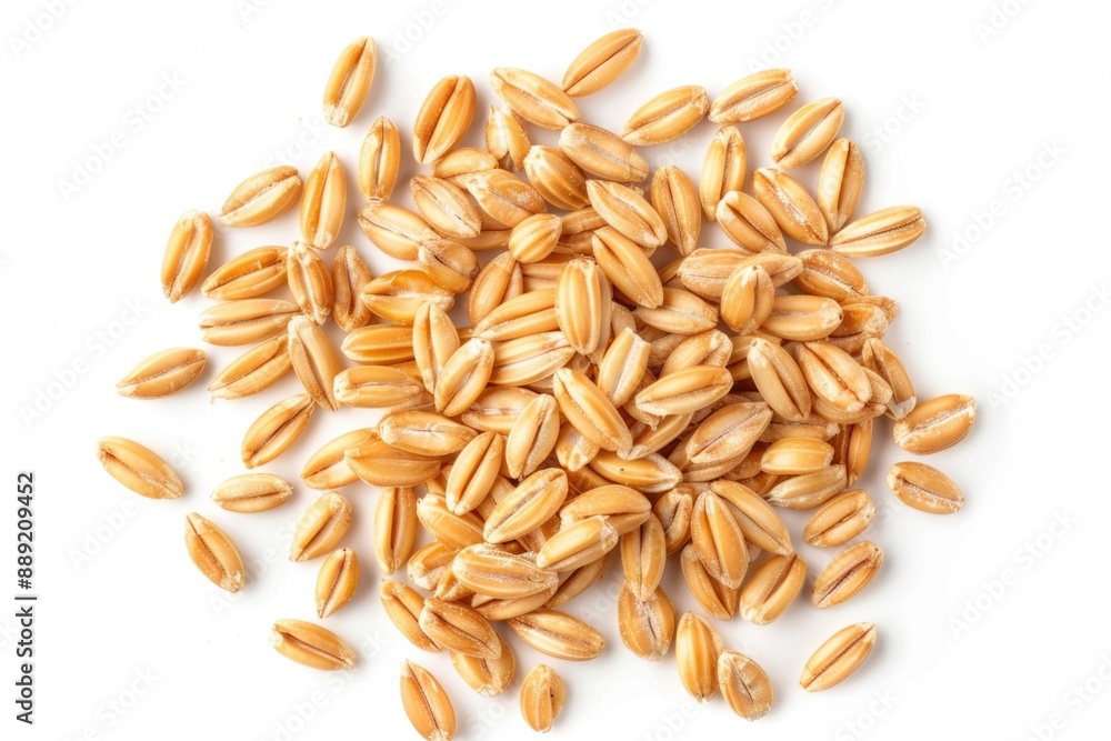 Poster a stack of oats sitting on a white background, ideal for food or texture-related illustrations