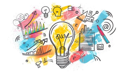 A light bulb surrounded by colorful doodles representing ideas and innovation, with an abstract background showing business icons like graphs or office elements.
