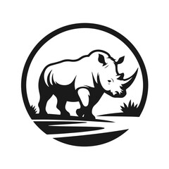 Clean black and white vector Silhouette of a White Rhino isolated on white background