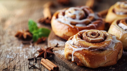 Fototapeta premium Freshly baked cinnamon rolls with icing on wooden background