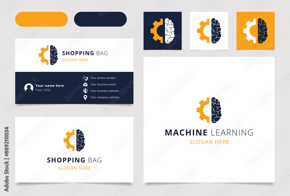Poster machine learning logo combining brain and gear for artificial intelligence concept