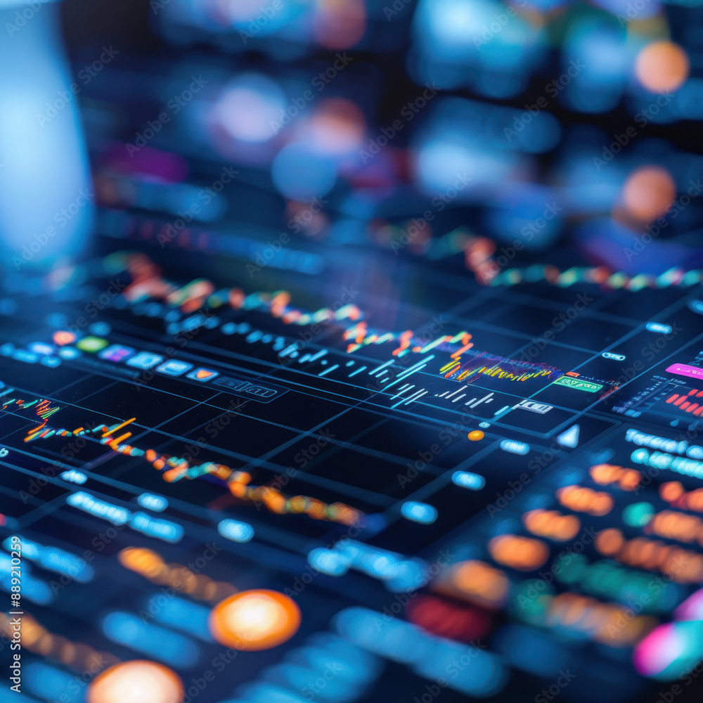 Poster digital financial chart with stock market data and colorful graphs on computer screen