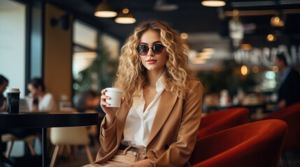 Photograph of a stylish businesswoman sipping her latte in a trendy coffee shop, exuding confidence and power.