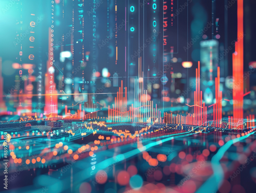 Poster futuristic digital cityscape with data visualization graphs and technology interface