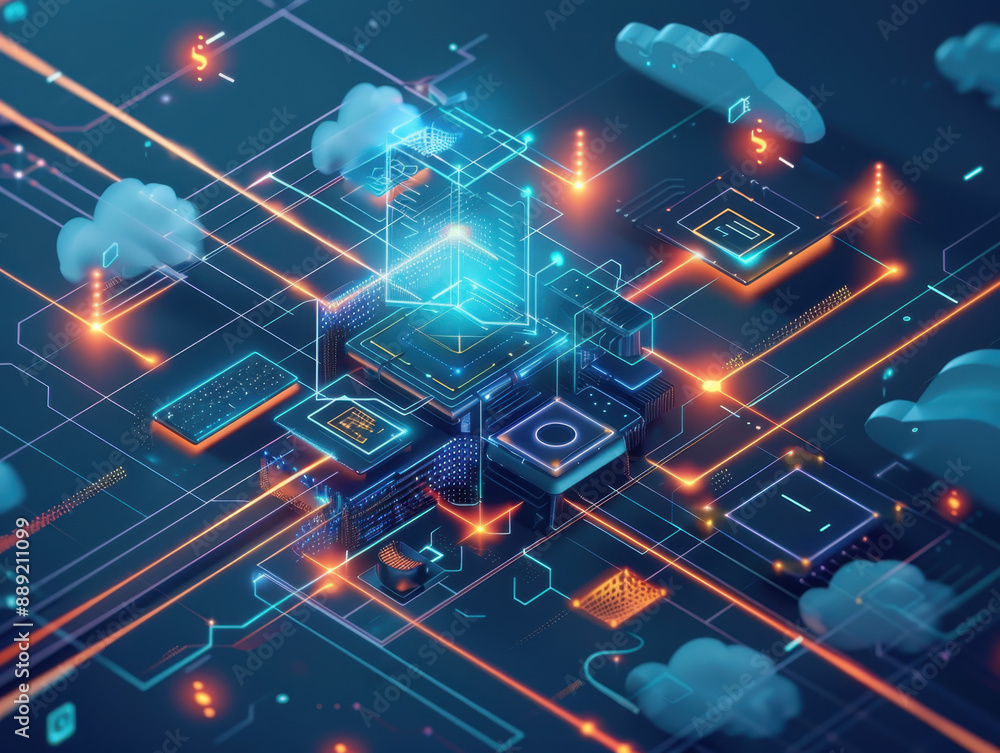 Poster futuristic digital network with isometric data exchange, cloud computing, and blockchain technology 