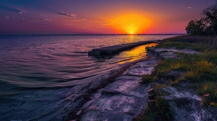 Obraz premium A peaceful sunset over a beach with a small