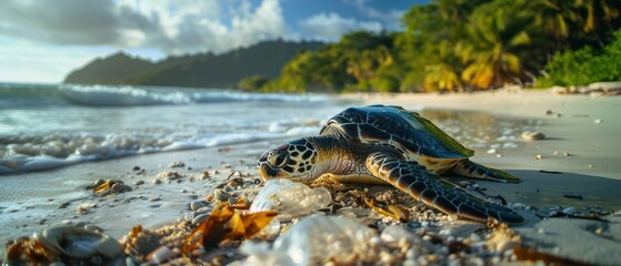 Helpless Turtle Encountering Plastic Pollution on Pristine Shoreline, Symbolizing the Menace of Marine Litter