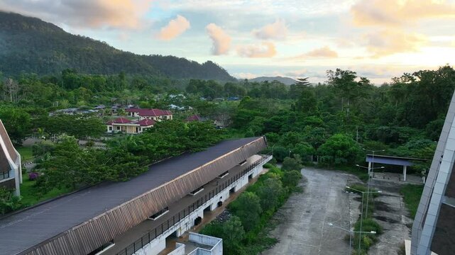 Museum and church buildings at dusk in the afternoon at the Indonesian Papua New Guinea border, Skouw Jayapura