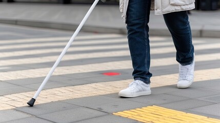 Obraz premium A person using a white cane walks across a crosswalk with yellow stripes