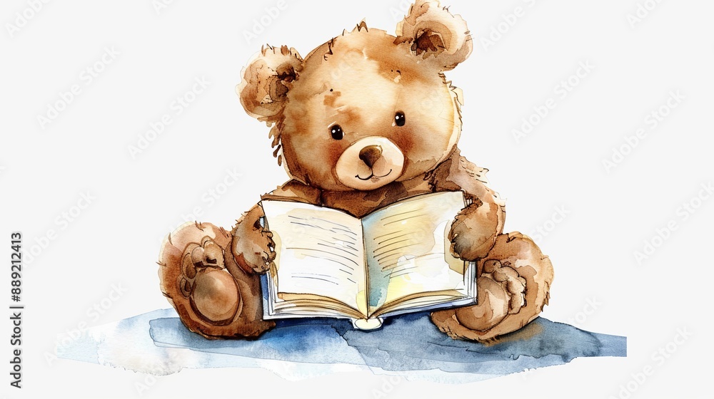 Poster A teddy bear is sitting on a blue surface and reading a book