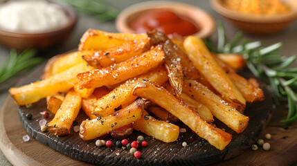 Delicious french fries on cutting board, closeup. Food preparation