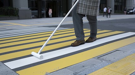 A person using a white cane walks across a crosswalk with yellow stripes
