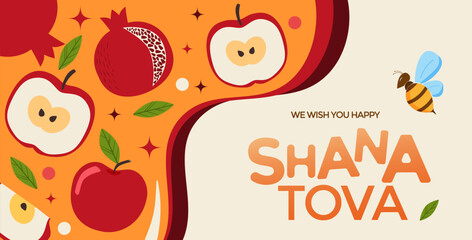 ПечатьHappy Rosh Hashanah, Jewish New Year Holiday Greeting card or banner template. Honey Jar, apple and honey combs symbols of traditional jewish New Year