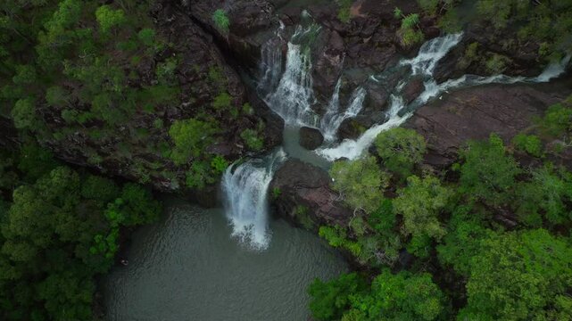 Cedar Creek Falls Whitsundays Airlie Beach Proserpine Waterfalls aerial drone birdseye Australia reserve Palm Grove QLD Queensland Rainy wet season spring summer autumn winter sunny cloudy static slow
