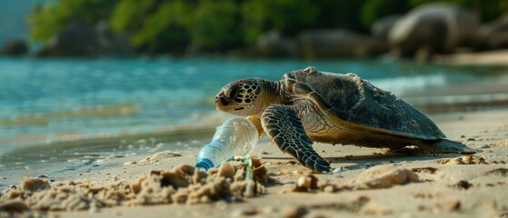 Endangered Turtle Tangled in Plastic on Tropical Shore - Environmental Conservation Concept