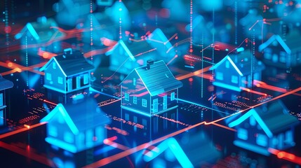 This digital model visually represents smart housing data analytics with glowing blue houses and ascending graphs that show technological advancement