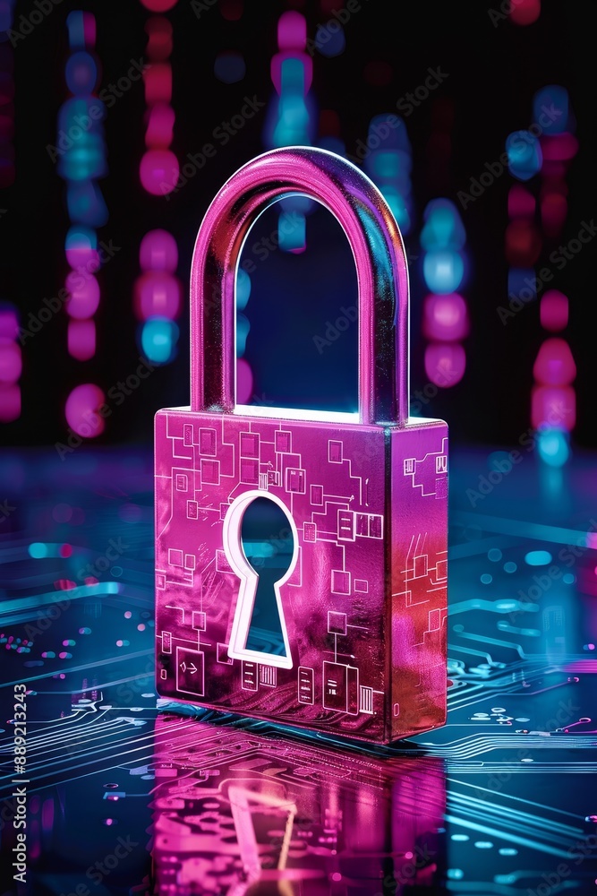 Poster digital padlock symbolizing cyber security, data protection, and online privacy, set against an abst