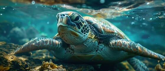 Obraz premium Distressed Ocean Turtle Caught in Plastic Ring Struggling to Breathe