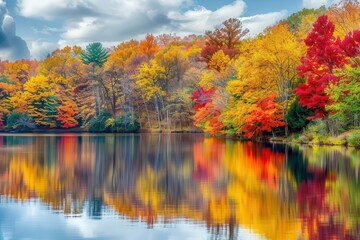 tranquil autumn lake reflecting vibrant fall foliage colors nature landscape photo