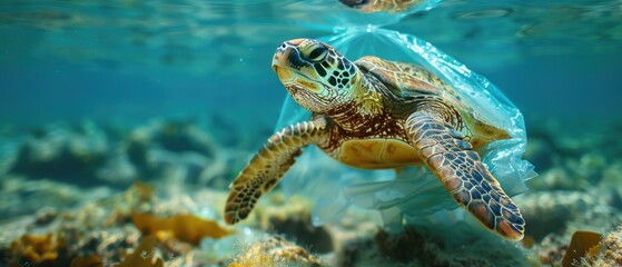 Obraz premium Endangered Turtle Ensnared in Plastic Pollution in Shallow Ocean Waters
