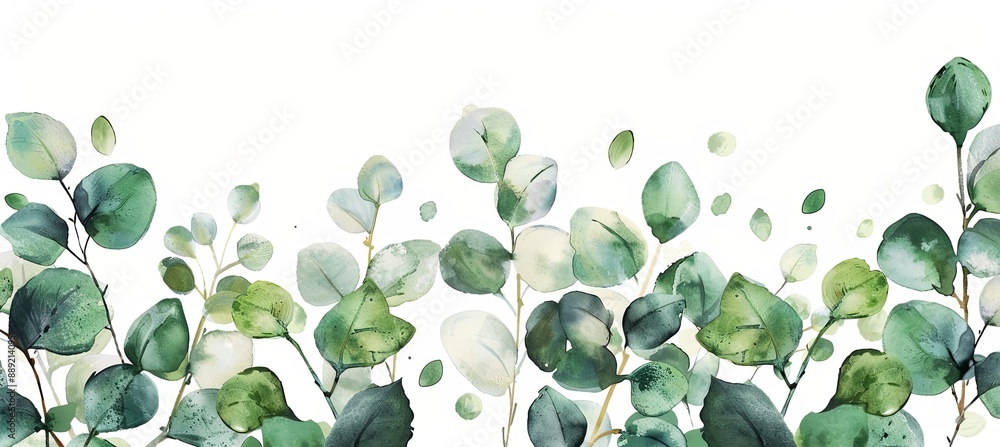 Wall mural A painting of green leaves with a white background