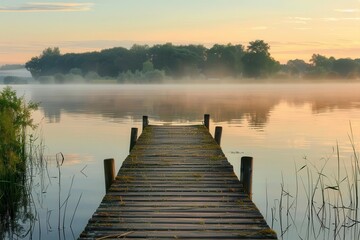 Obraz premium tranquil lakeside scene at sunrise with wooden pier extending into calm waters soft morning light bathes landscape in warm golden hues creating serene and peaceful atmosphere