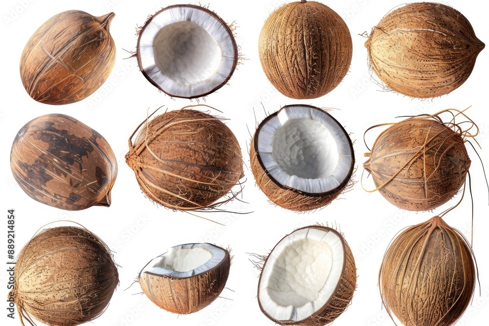 Poster A collection of coconuts arranged neatly on a white surface, ideal for use in food or tropical-themed contexts