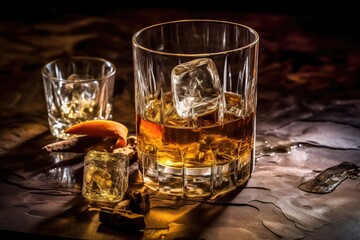Whiskey Glass with Ice Cubes on Table