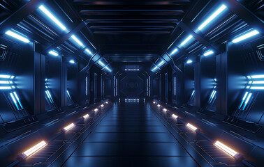 A dark background for product photography of an empty sci-fi room with high tech black and blue lighting