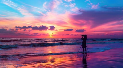 A serene sunset over a beach with a photographer capturing the perfect shot
