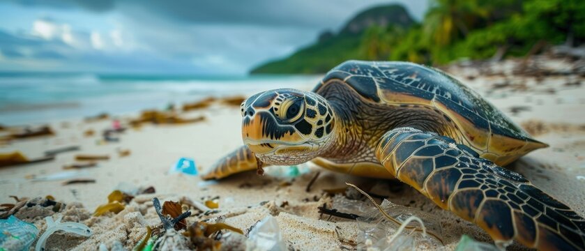 Disturbing Impact of Plastic Pollution: Turtle with Plastic Debris Encircling Shell Stranded on Sandy Beach