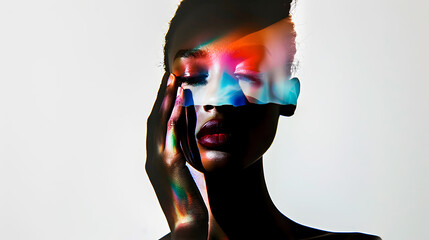 Abstract portrait of woman with colorful light projections on face. Minimalistic background, shadow and light creating artistic effect.