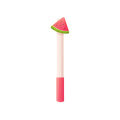 Cute writing pen with watermelon on the cap. Vector isolated