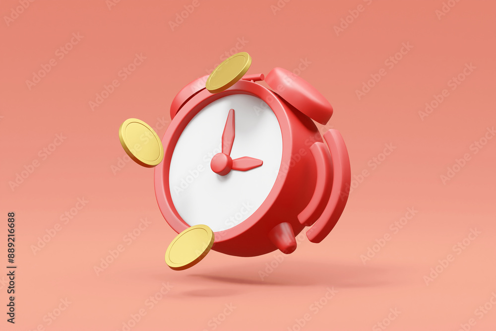 Poster a 3d render showcasing a floating alarm clock, coins, and a notification alert icon. this visual rep