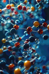 A colorful image of molecules with a blue background