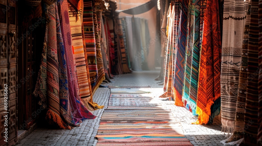 Poster a lively market aisle showcases a diverse range of colorful textiles, each displaying intricate patt