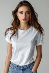 White tshirt mockup on woman model created with Generative AI