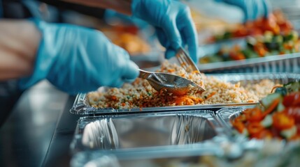 A focus shot on someone wearing gloves and carefully preparing food in silver trays, emphasizing hygienic practices and attention to detail in a community environment.