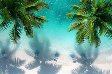 Aerial view of a tropical beach with turquoise water and palm trees, capturing the idyllic and relaxing paradise setting